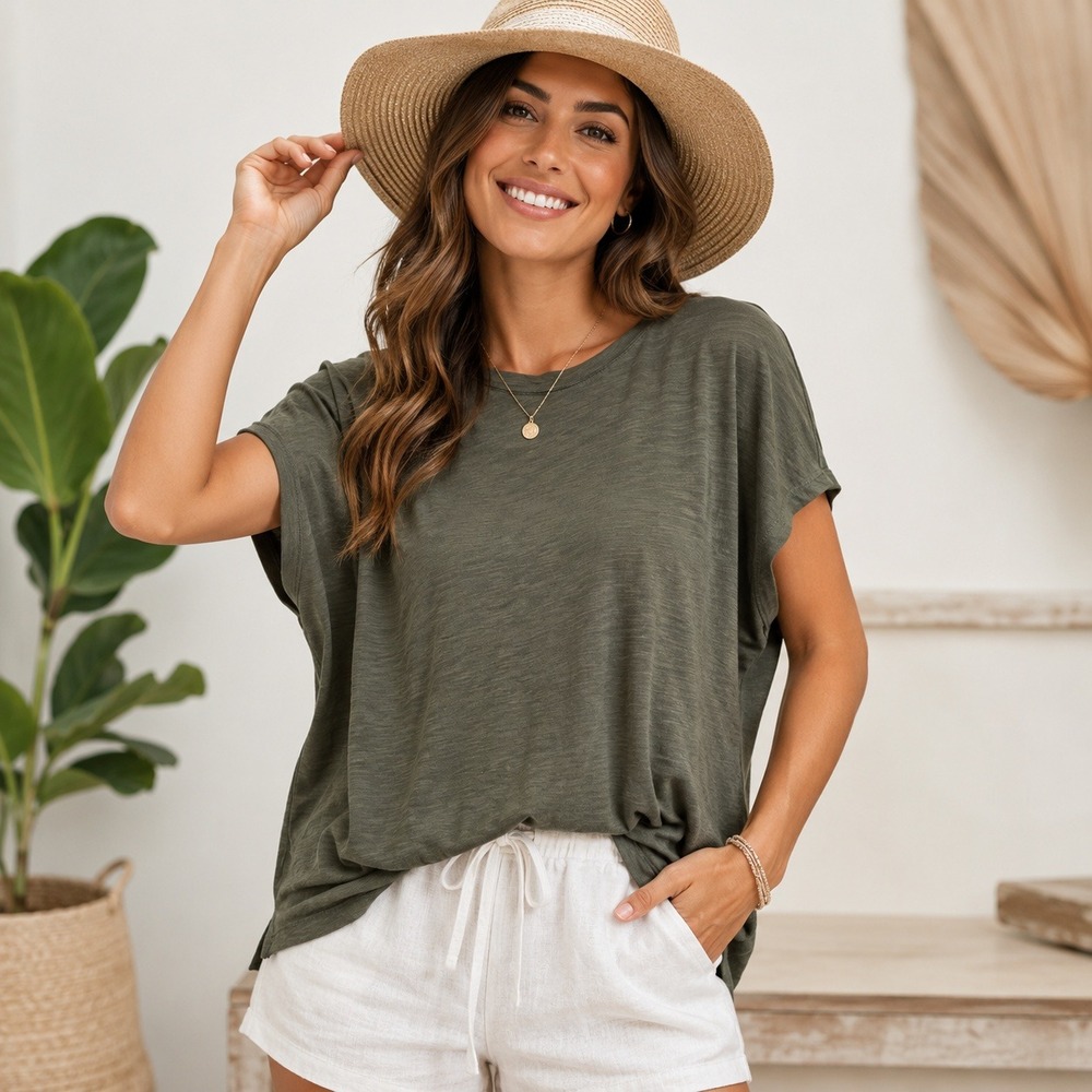 J.‎ Jill Cotton Slub Tee Womens Large Olive Green Cap Sleeve Crew Neck Relaxed